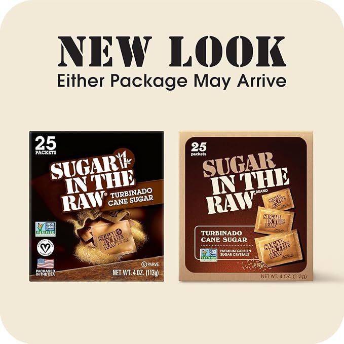 Sugar In The Raw Turbinado Cane Sugar Packets, 25 Ct, Pure, All-Natural Turbinado Sugar, Non-GMO Project Verified, Kosher, Vegan and Gluten Free
