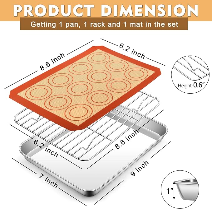P&P CHEF 9 Inch Baking Oven Sheet Pan with Rack & Mat for Cookie, Stainless Steel Oven Sheet Tray Cooling Rack and Silicone Mat for Baking & Roasting, Dishwasher Safe & Healthy, 3Pcs