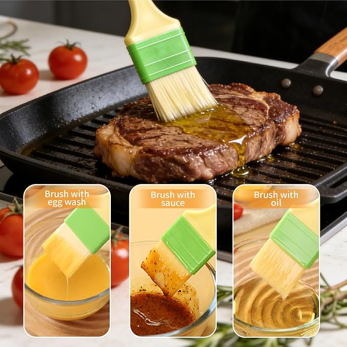 Basting Pastry Brush Set - 4Pcs Natural Wool Bristles Small/Medium/Large Kitchen Brushes for Cooking, Baking, Oil, Butter & Egg Wash