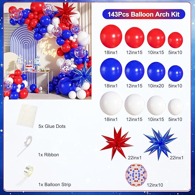 Red White and Blue Balloon Garland Arch Kit, 140Pcs Blue Red White 4th of July Balloons for Patriotic Decorations 4th of July Memorial Day Graduation Baseball Birthday Party Decorations