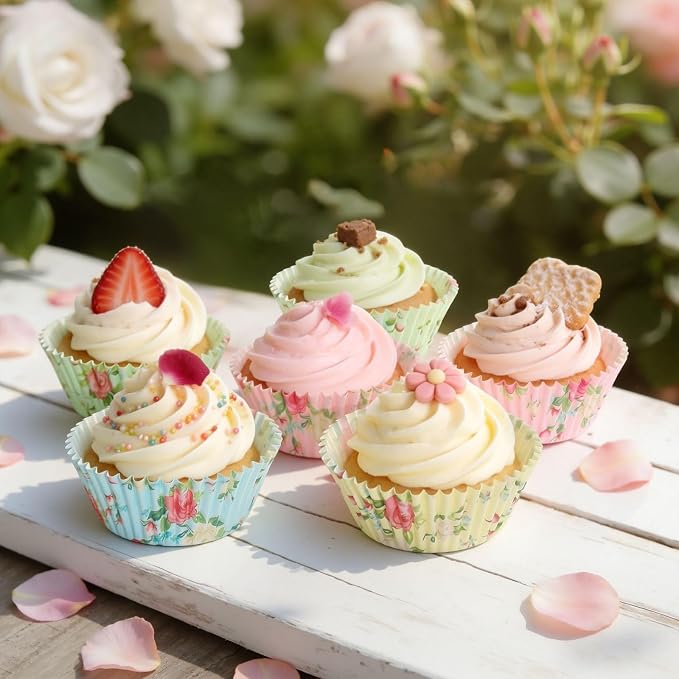 Standard Cupcake Liners 100 Pack, Colorful Paper Baking Cups Food Grade Disposable Cupcake Wrappers Floral Muffin Liners for Birthday Tea Themed Party Decor (Floral-3)