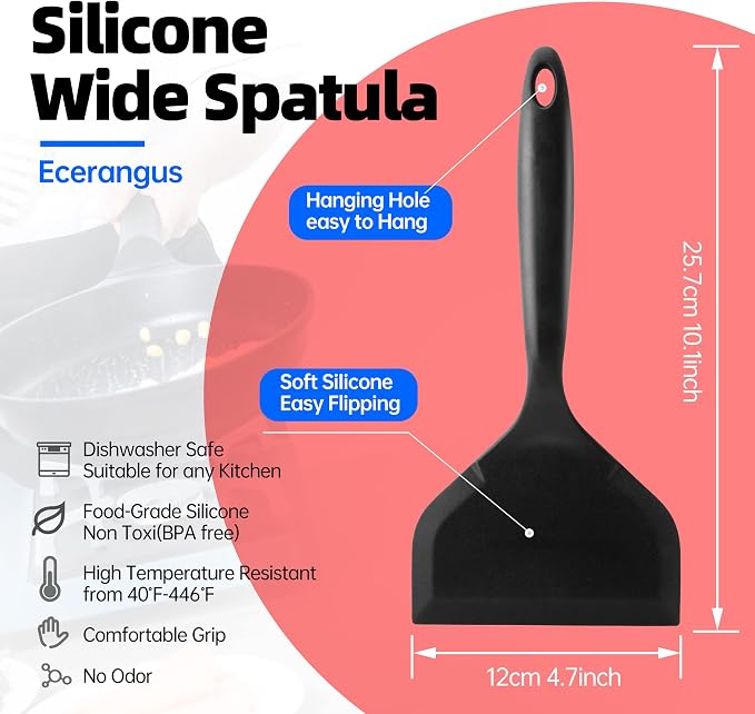 2 Pack Silicone Pancakes Spatula,Wide Pancakes Spatula Turner for Eggs Fish Pizza and Steak Shovel Omelette Spatulas for Nonstick Cookware,Heat Resistant Kitchen Flipper Spatulas for Cooking (Black)