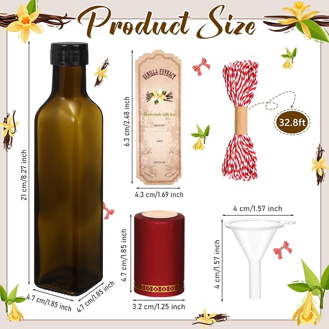 Tioncy 12 Pcs 8.5 oz Vanilla Extract Bottles for Homemade Vanilla Jar Amber Glass Square Bottle with Cap Shrink Band Sticker Syrup Food Storage Canister for Liquid Bean Sauce Spice Gift Giving(Red)