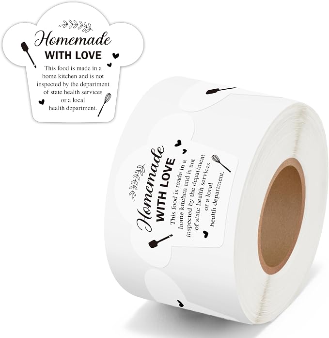 PANTIDE 500 Count Cottage Food Law Labels Sticker White Chef Hat Shaped | Homemade with Love, Waterproof Adhesive Decal Roll, Made in A Home Kitchen Inspection Statement, Food Packaging, 2 x 1.7 Inch