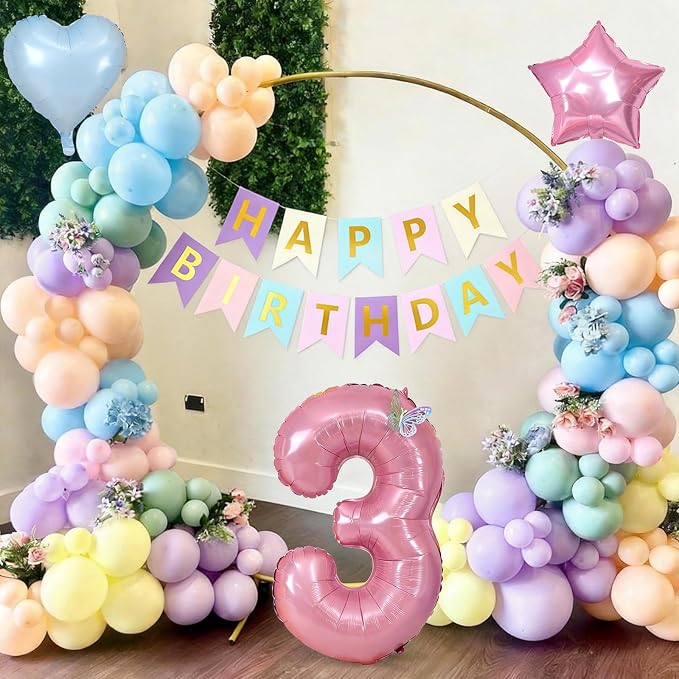 3rd Birthday Decoration for Girls,Easter Pastel Rainbow Macaron 3rd Birthday Balloon Number 3 Balloon Butterfly Stickers Star Heart Foil Balloons Banner Party Decoration for 3 Year Old