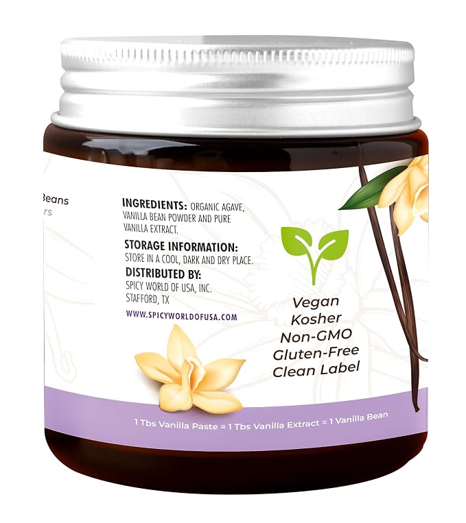 Spicy World Vanilla Bean Paste 4oz Jar - All Natural & Pure - Made with Organic Agave Syrup - For Cooking, Baking & Desserts - 100% Vegan & Kosher, Non-GMO & Gluten-Free - Glass Jar
