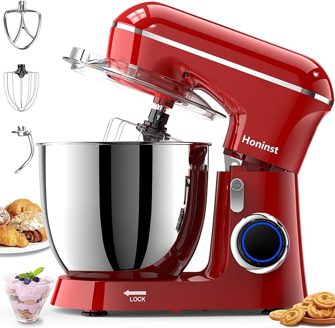Honinst Stand Mixer, 6.5QT 10-Speed Tilt-Head Electric Stand Mixer, 3-In-1 Kitchen Mixer with Bowl, Dough Hook, Whisk and Beater, Food Mixer for Baking, Cake and Most Home Cooks, Red