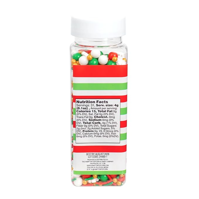 Red, White, Gold and Green Pearls and Snowflakes Sprinkles Mix 4.4 oz, Christmas Sprinkles For Cake Decorating, Baking, Ice Cream & More, The Hampton Candy Company