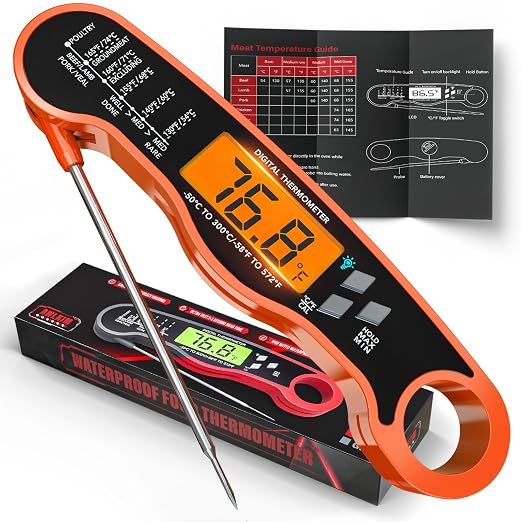 AWLKIM Digital Meat Thermometer, Instant Read Thermometer, Orange | Food thermometer for grill, BBQ, candy, oil and baking; backlit display, foldable probe and magnetic storage.