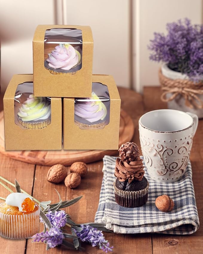 Bakepacker Auto-pop up Cupcake Boxes 200-Packs Brown 3.5" x 3.5" x 3.5", for Cake, Treat Cookie Dessert, Pastry, Birthday Party, Weddings
