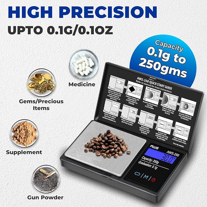 American Weigh Scales Series Digital Pocket Weight Scale Accurately Measures, Backlit LCD Display 250g x 0.1g, (Black), AWS-250-BLK