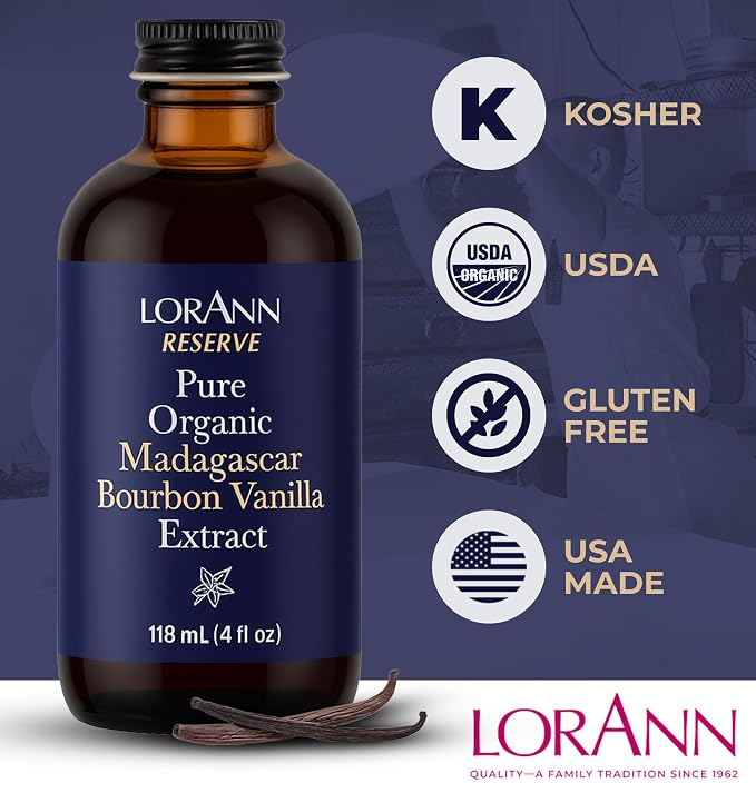 LorAnn Oils Reserve Pure Organic Madagascar Bourbon Vanilla Extract – Real, Organic Vanilla Extract for Baking, Pure Flavor & Bourbon, 4 Ounce