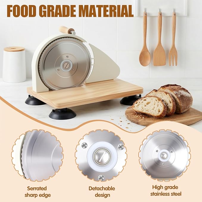 Manual Bread Slicer for Homemade Sourdough Bread, Adjustable Thickness & Evenly Slicing, Hand Crank Bread Slicer with Scale Line and Suction Cup, Serrated Blade Design, Patent White