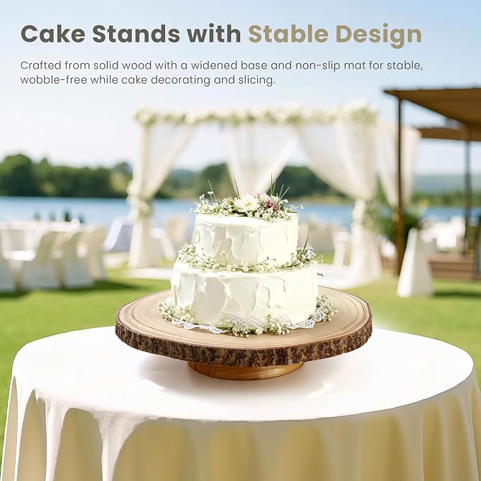 12 Inch Rotating Cake Stand - Rustic Wood Cake Stand with Cake Server, Knife & Forks Set | Cake Turntable for Easy Decorating, Perfect for Weddings, Birthdays, Party Dessert Display & Gift