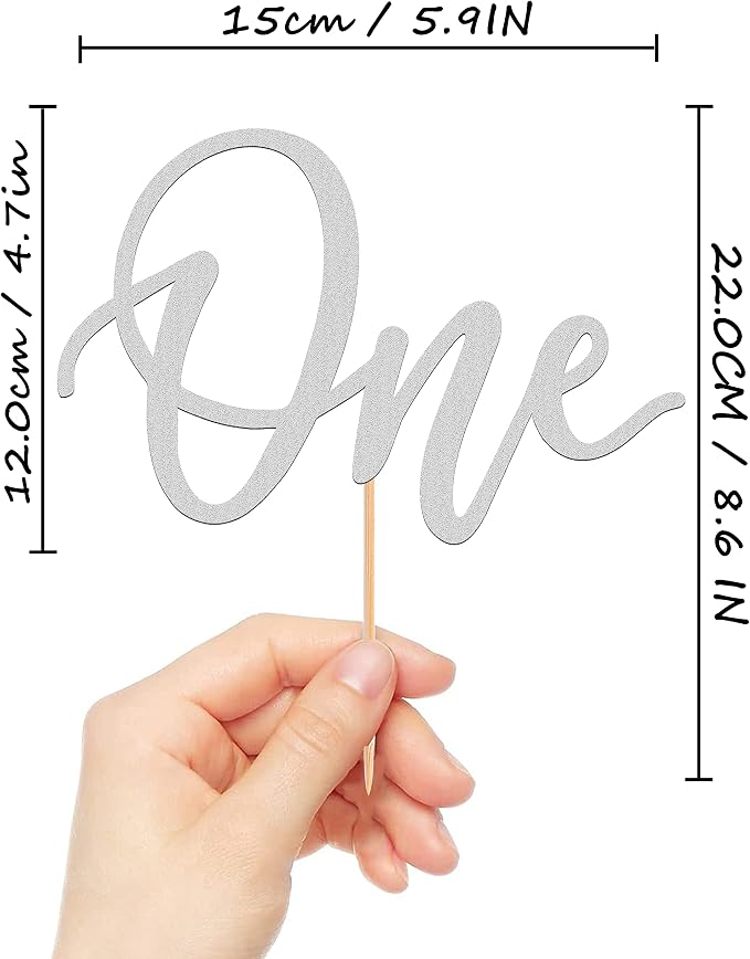 MYAMPED First Birthday Cake Topper - Glitter Silver 'One' Sign, Suitable for Baby Shower Favors, Baby Gender Reveal, Birthday Party or Photo Booth Props