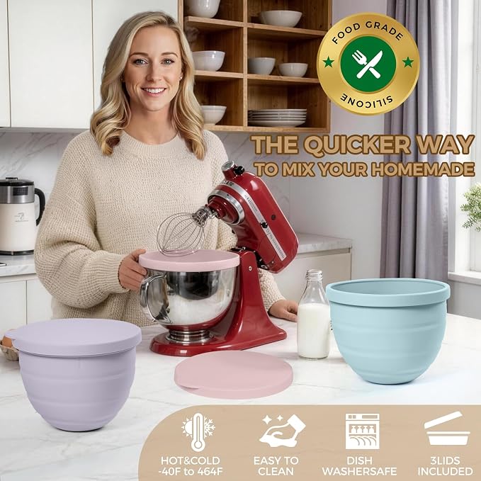 Forenee 5Qt Foldable Silicone Bowl Liners for KitchenAid Tilt-Head,3 Pack | 565g Extra,Thick Inserts with Hanging-Hole Lids, Air-Channel Easy Release ,Dishwasher Safe, Microwave & Freezer Safe