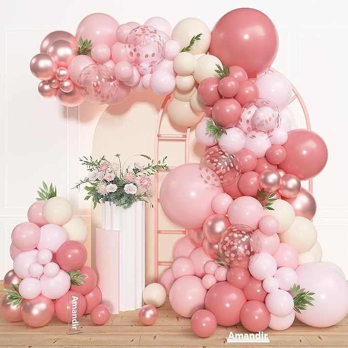 Amandir 153pcs Dusty Pink Balloon Garland Arch Kit, Different Sizes 18 12 10 5 inch Retro Pink Sand White Latex Confetti Balloons for Women Bridal Shower Birthday Party Decorations