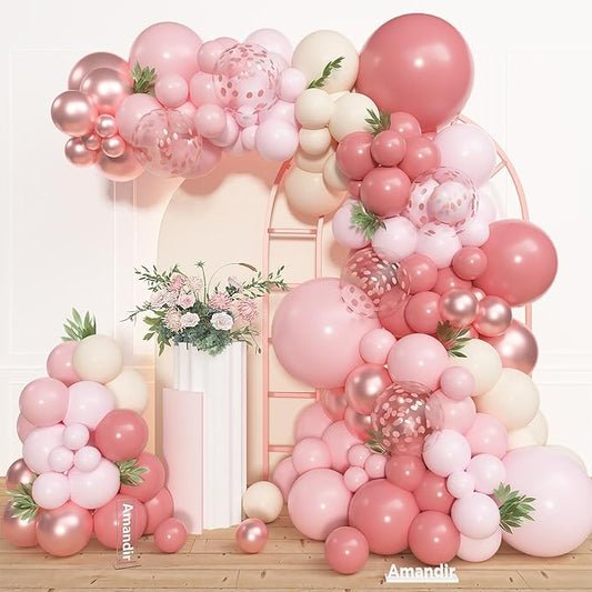 Amandir 153pcs Dusty Pink Balloon Garland Arch Kit, Different Sizes 18 12 10 5 inch Retro Pink Sand White Latex Confetti Balloons for Women Bridal Shower Birthday Party Decorations