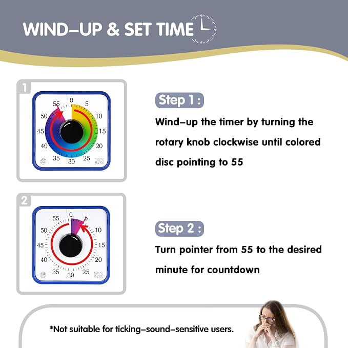 Visual Timer 7.5 inch; 60 Minute 1 Hour Countdown Timer for Kids Classroom Teaching Tool Home Office Meeting, Mechanical Countdown Clock for Exam Time Management Magnetic, Navy Blue with Colorful Disc