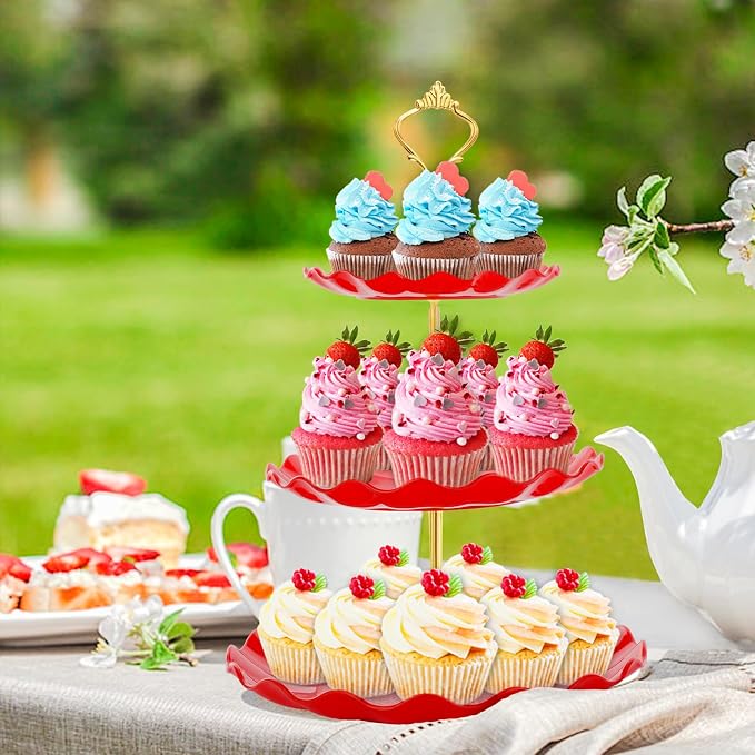 BACUTHY 3 Tier Cupcake Stand Holder, Plastic Cup Cake Stand Tower with Tiered Serving Tray for Cupcakes, Donuts, Fruits and More, Red