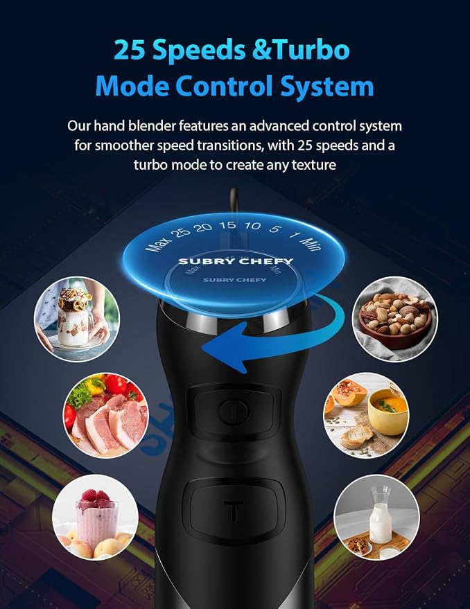 1000W Immersion Blender, Smart Hand Blender with Intuitive LED Light & 25-Speed Control, Heavy Duty Handheld Stick Blender for Smoothies, Baby Food, Purees, Soups
