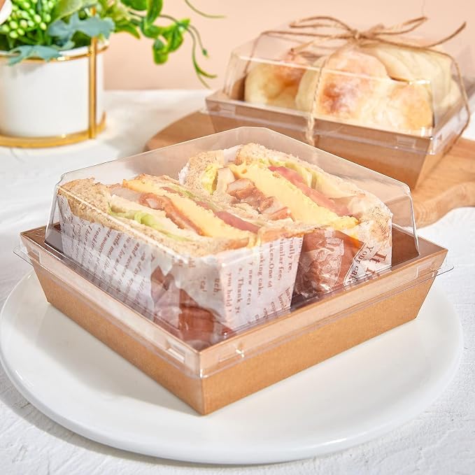 ZORRITA Paper Charcuterie Boxes with Clear Lids, 50 Pack, 5 Inch, Brown | Square To Go Dessert Containers, Small Bakery Boxes, For Cake, Cookies, Sandwich, Strawberries