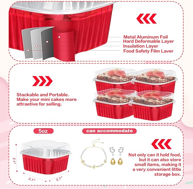 100Pack 5oz Christmas Mini Cake Pans with Lids Baking Cups Aluminum Foil Pans Tins, Individual Dessert Cups Containers for Sales,Party,Picnics Red