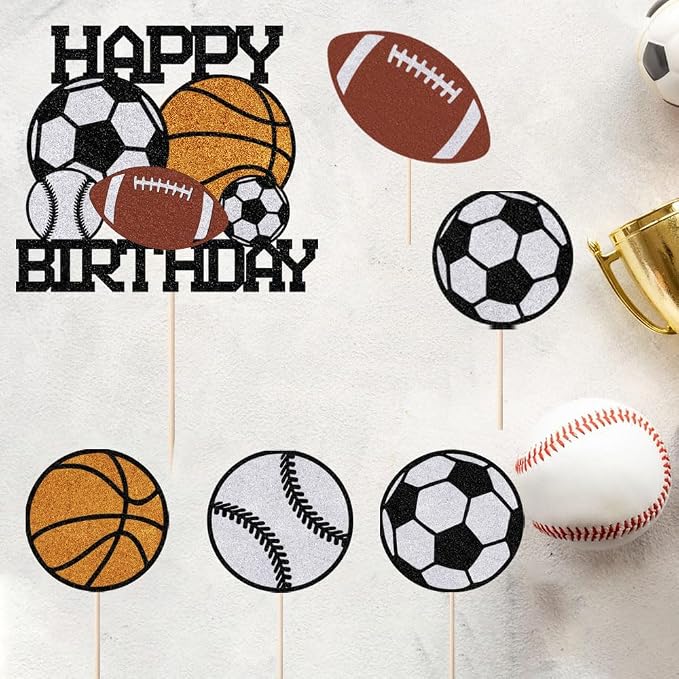 6pcs sports Happy Birthday Cake Topper， | Boys and Girls Sport Theme Party Decoration，for Ball Sports Themed Birthday Parties or Game Day Celebrations
