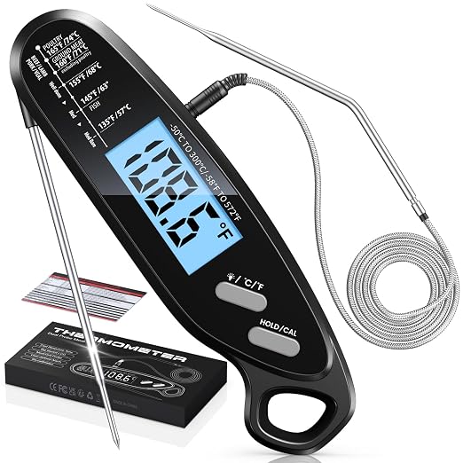 Instant Read Meat Thermometer Digital with Dual Probe, Food Thermometer for Cooking & Grilling, Large Backlit & Calibration, Grill Thermometer for Outside/Kitchen/Oven/Smoker/BBQ, Bakeware