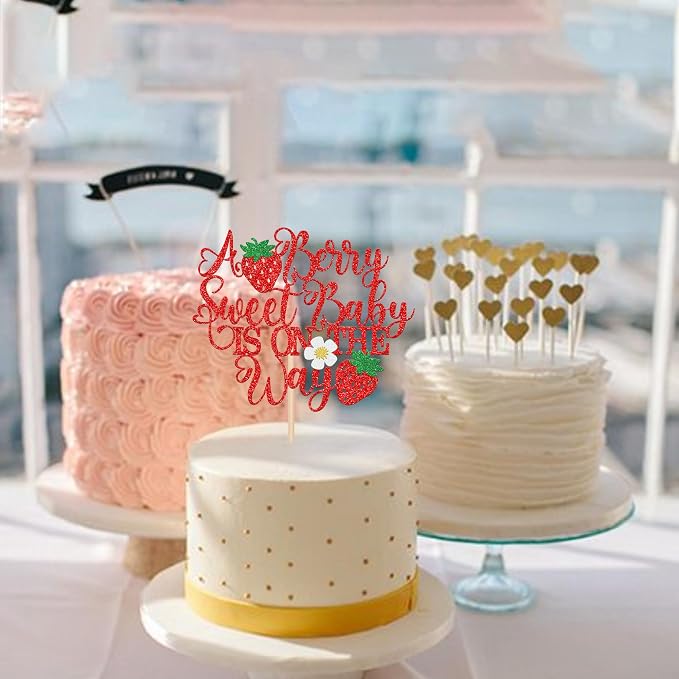 1 PCS A Berry Sweet Baby is On The Way Cake Topper Flower Strawberry Sweet One Cake Pick Berry 1st Birthday Cake Decorations for Baby Shower Gender Reveal Strawberry First Birthday Party Supplies