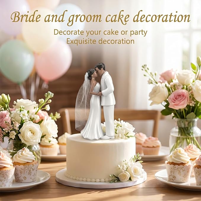 Wedding Cake Topper, 4.3" Bride and Groom Figurine (Black) | Novios Para Pastel Elegant Couple Figurine for Anniversary Wedding Decor