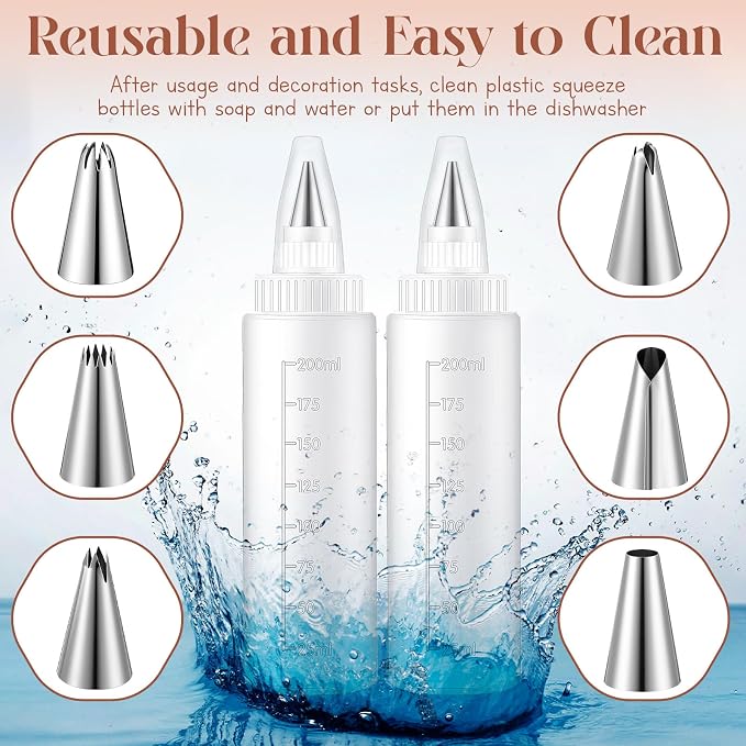 LemonRoad 4 Pcs Piping Bottles for Icing Cookie Decorating Supplies Plastic Squeeze Bottles with 6 Different Piping Tips for Cookie Icing Kit Pancake Squeezing Applicator Writer(8 oz)