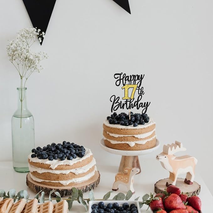 1 PCS Happy 17th Birthday Cake Topper Black Gold Glitter Cheers to 17 Years Birthday Cake Pick 17 Fabulous Cake Decoration for Happy 17th Birthday Anniversary Party Decorations Supplies