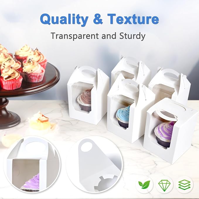 Cupcake Boxes 12 pcs, Individual Cupcake Containers White with Window Insert and Handle, Pastry Box Single Muffins Holder Disposable for Bakery Wrapping Party Favor Packaging