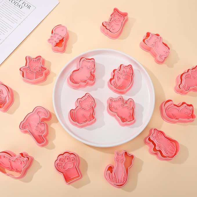 Jspupifip 16 Pack Mini Cute Cat Animal Cookie Cutters Set, 3D Cookie Plunger Stamps Cartoon Animal DIY Press Molds Baby Shower Cracker Cutters Birthday Party Baking Supplies Clay Biscuit Molds