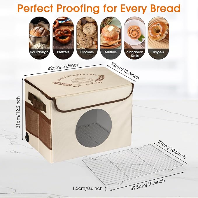 Folding Bread Proofing Box - 86-113℉ Temperature Control & 24H Timer, Dough Proofer with Metal Rack, Foldable Proofing Warming Box for Sourdough, Bread Baking, Pizza, Yogurt