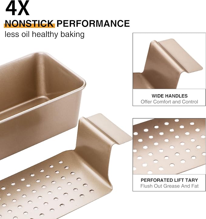 HONGBAKE Meatloaf Pan with Drain Tray, 9 x 5 Loaf Pans with Insert, Nonstick Meat Loaf for Baking, Reduce the Fat and Kick Up the Flavor, Champagne Gold