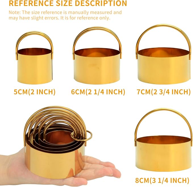 Snailhouse Round Biscuit Cutters with Handle, 5 Pieces Stainless Steel Circle Round Cookie Biscuit Flan Cutter Shaper Set for Baking, Gold