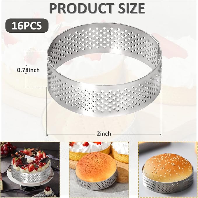 16 Pieces 2 Inch 304 Stainless Steel Tart Ring | Perforated 304 stainless steel rings for even baking,ideal for mini tarts, mousse cakes, quiche, pastries, and desserts