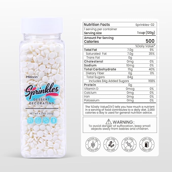 White Sprinkles, White Confetti Sprinkles for Cake Decorating, Round Sprinkle for Cupcakes, Ice Cream, Donut, Cookies, Chocolate(120g/4.23oz)