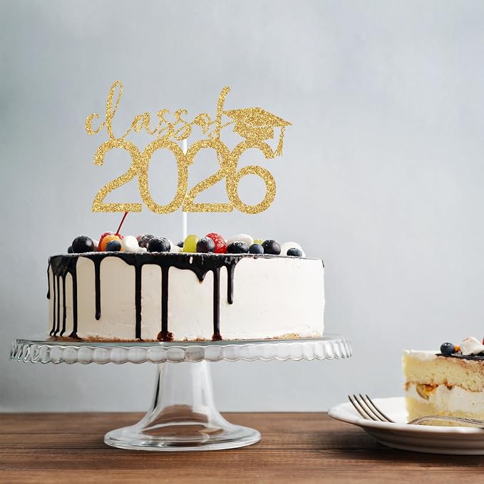 Class of 2026 Cake Topper, Congrats 2026 Cake Décor, Congrats Grad, Happy Graduation, High School/Senior/University Graduation Party Decorations Gold Glitter
