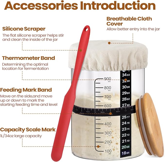 Yungyan 2 Sets Sourdough Starter Jar 34 oz Sourdough Starter Kit with Thermometer, Scraper, Cloth Cover and Bamboo Lid Wide Mouth Sour Dough Jar Container Bread Kit