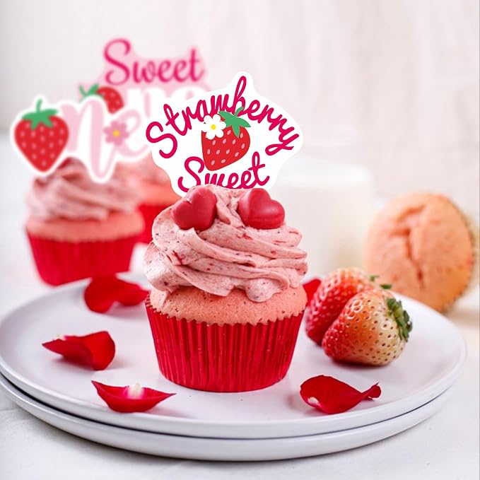 42Pcs Edible Strawberry Sweet One Cupcake Toppers Wafer Paper Birthday Strawberry Cupcake Picks for Baby Shower Kids Birthday Party Cake Decorations Supplies
