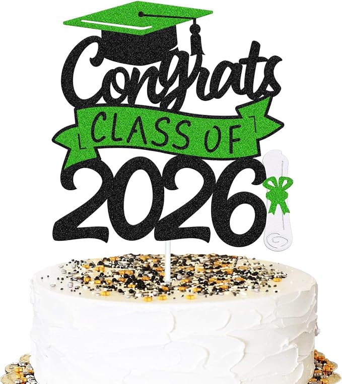 Congrats Class of 2026 Cake Topper Congrats Grad Cap Diploma We Are Proud of You Theme for College Happy Graduation Party Supplies High School Graduate Decoration (Black and Green)