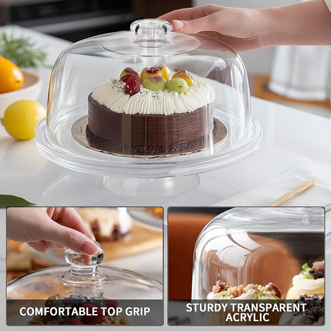 6-in-1 Multi-Functional Cake Stand with Dome Cover, BPA-Free Acrylic Serving Platter, Salad Bowl Divided Snack Tray, Shatterproof Dessert Display with Fork Spoon for Birthday Wedding Christmas Party