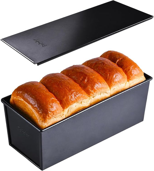 Commercial Pullman Loaf Pan with Lid, 2.2Lb Dough Capacity Non-stick Rectangle Flat Toast Box for Oven Baking 13.6"×5.4"×4.7"(Black)