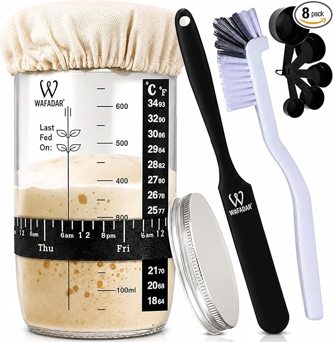 Upgraded Sourdough Starter Jar Kit –24 oz Glass Jar with Date Marked Feeding Band, Thermometer, Scraper, Cleaning Brush & Measuring Cups, Complete Bread Baking Supplies