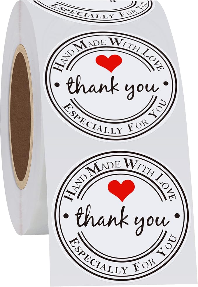 Hybsk White Gloss Thank You Hand Made with Love with Red Heart Stickers 1.5" Inch Round Total 500 Adhesive Labels Per Roll (White Gloss)