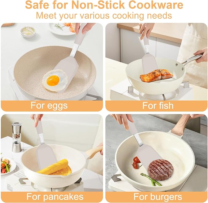 Beijiyi Silicone Spatula Turner, 600°F Heat Resistant, 13 x 3.2 in (Khaki) | BPA Free, Non-Toxic, Flexible Turner, Non Scratch for Non Stick Frying Pan, Flipping, Cooking, Dishwasher Safe