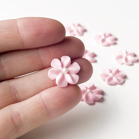 Mini Edible Royal Icing Flowers (36 Count), Petite Edible Flower Cake Decorations, Edible Flowers for Cupcakes, Flowers with Pearl Sprinkles for Cakes & Cupcakes, Global Sugar Art (Pink, 36 Count)